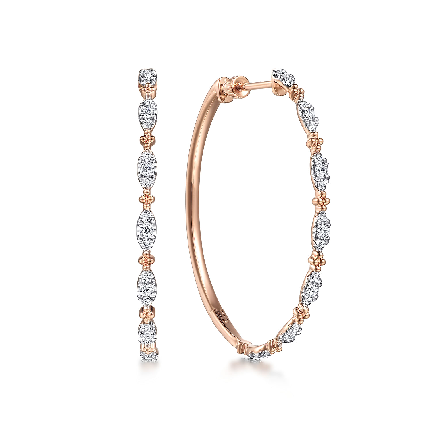 14K Rose Gold 40mm Diamond Station Intricate Hoop Earrings