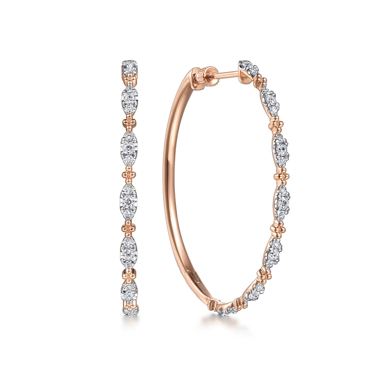 14K Rose Gold 40mm Diamond Station Intricate Hoop Earrings - 0.62 ct - Shot 1