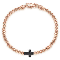 14K Rose Gold 4mm Beaded Mens Bracelet with Black Spinel Cross