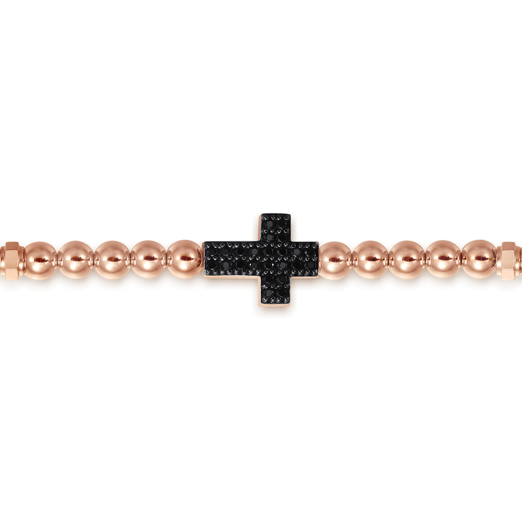 14K Rose Gold 4mm Beaded Mens Bracelet with Black Spinel Cross