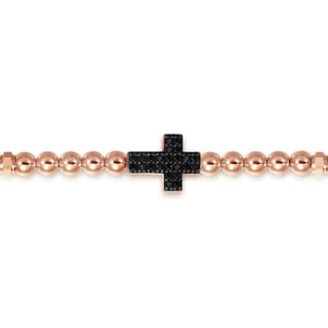 14K Rose Gold 4mm Beaded Mens Bracelet with Black Spinel Cross