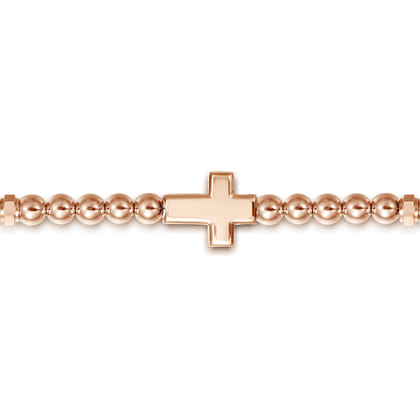 14K Rose Gold 4mm Beaded Mens Bracelet with Black Spinel Cross