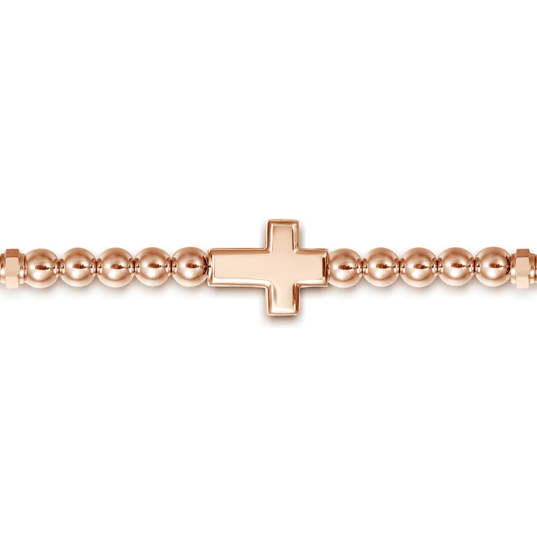 14K Rose Gold 4mm Beaded Mens Bracelet with Black Spinel Cross - Shot 3
