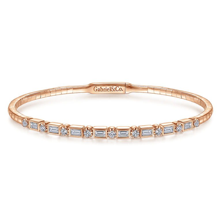 14K Rose Gold Alternating Baguette and Round Diamond Bangle - 0.85 ct - Shot 1