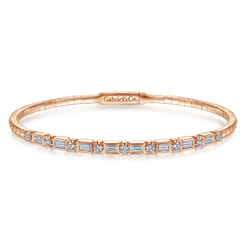 14K Rose Gold Alternating Baguette and Round Diamond Bangle