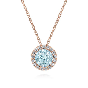 14K Rose Gold Aquamarine and Diamond Halo Pendant Necklace