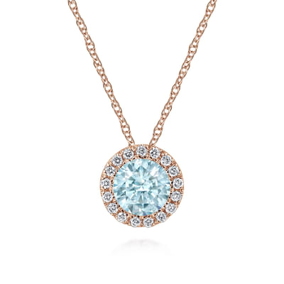 14K Rose Gold Aquamarine and Diamond Halo Pendant Necklace
