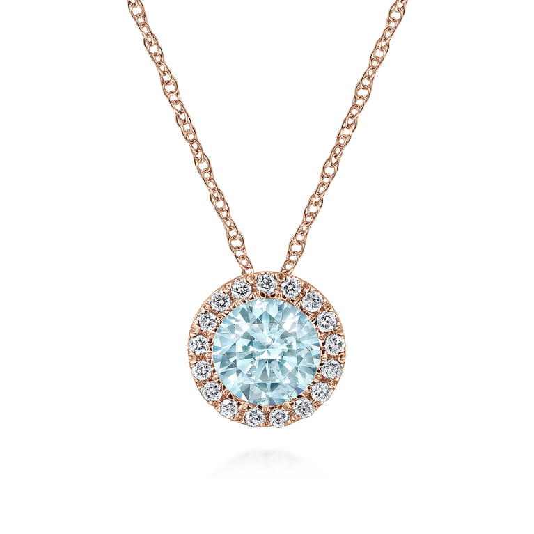 14K Rose Gold Aquamarine and Diamond Halo Pendant Necklace - 0.07 ct - Shot 1