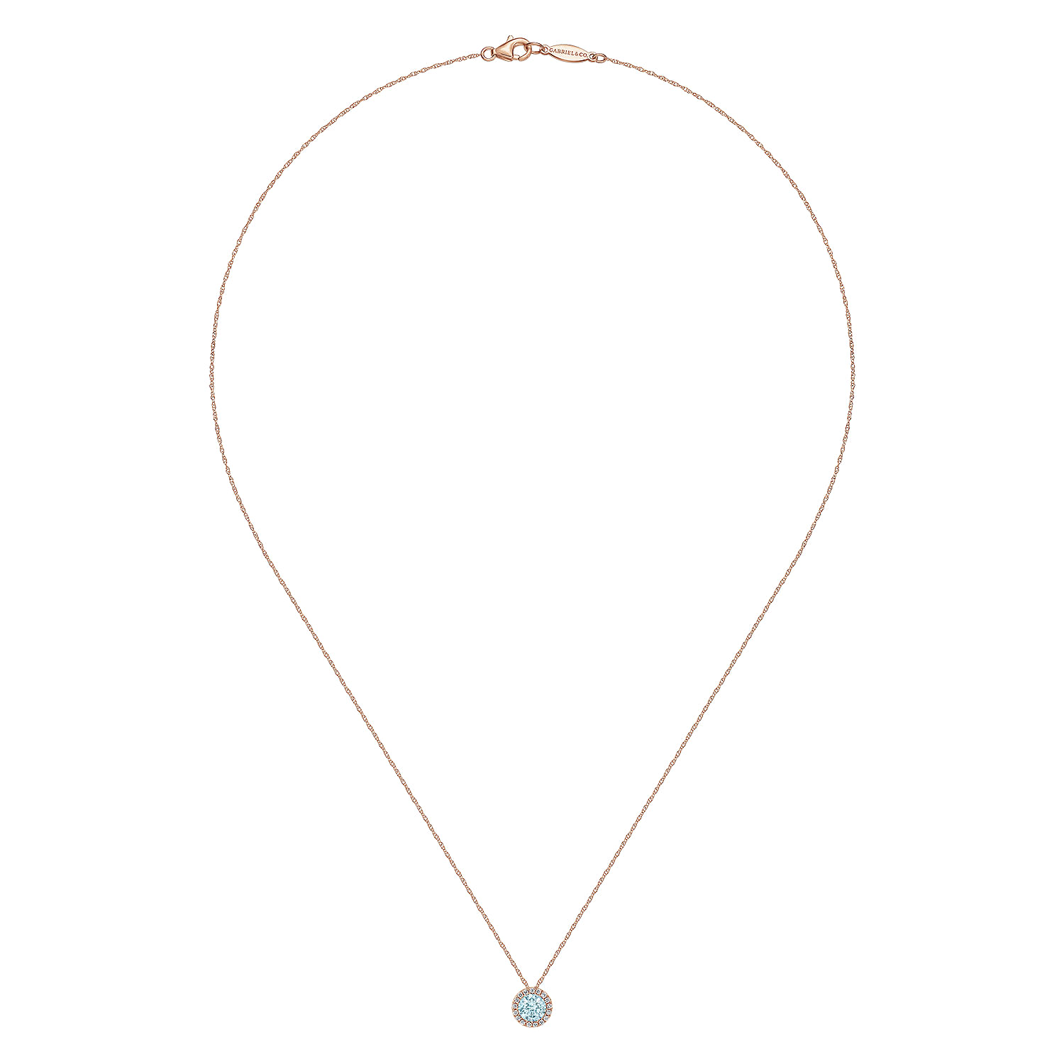 14K Rose Gold Aquamarine and Diamond Halo Pendant Necklace