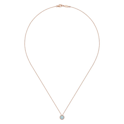 14K Rose Gold Aquamarine and Diamond Halo Pendant Necklace