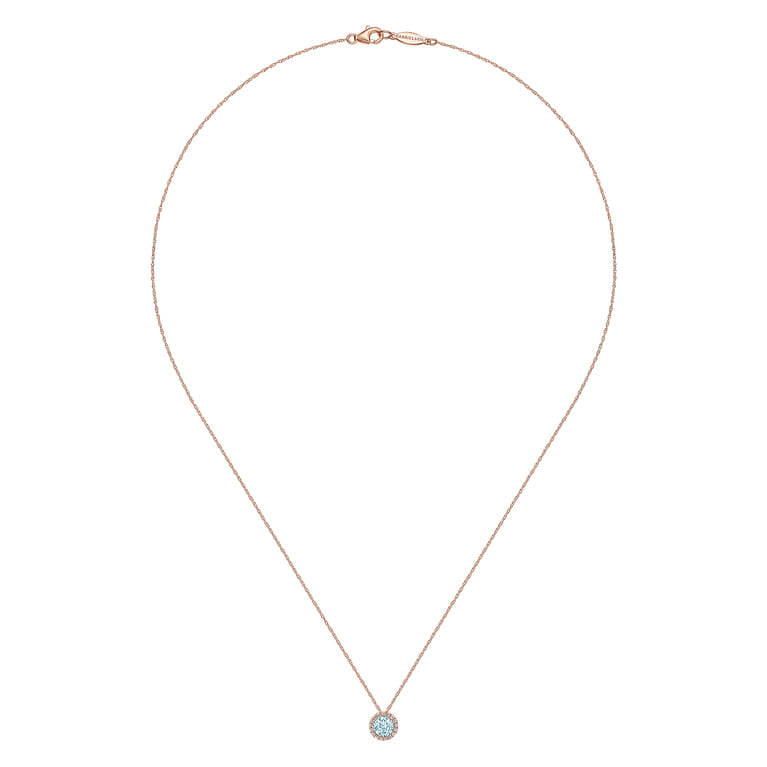 14K Rose Gold Aquamarine and Diamond Halo Pendant Necklace - 0.07 ct - Shot 2