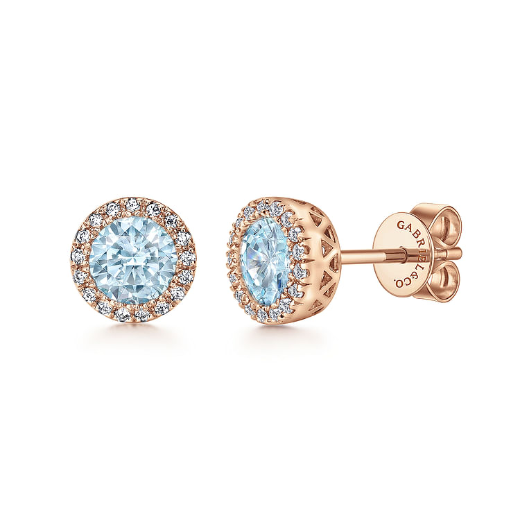 14K Rose Gold Aquamarine and Diamond Halo Stud Earrings