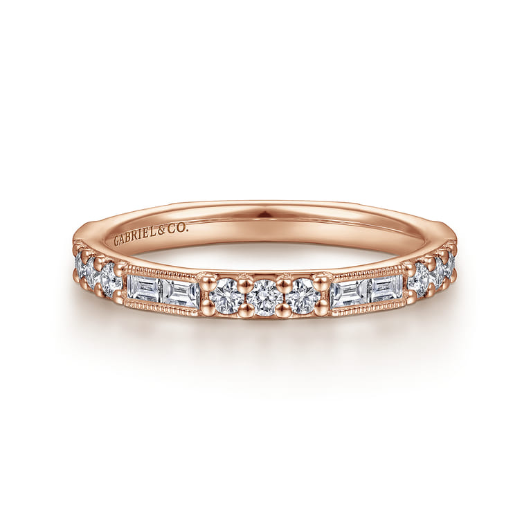14K Rose Gold Baguette and Round Diamond Stackable Ring - 0.6 ct - Shot 1