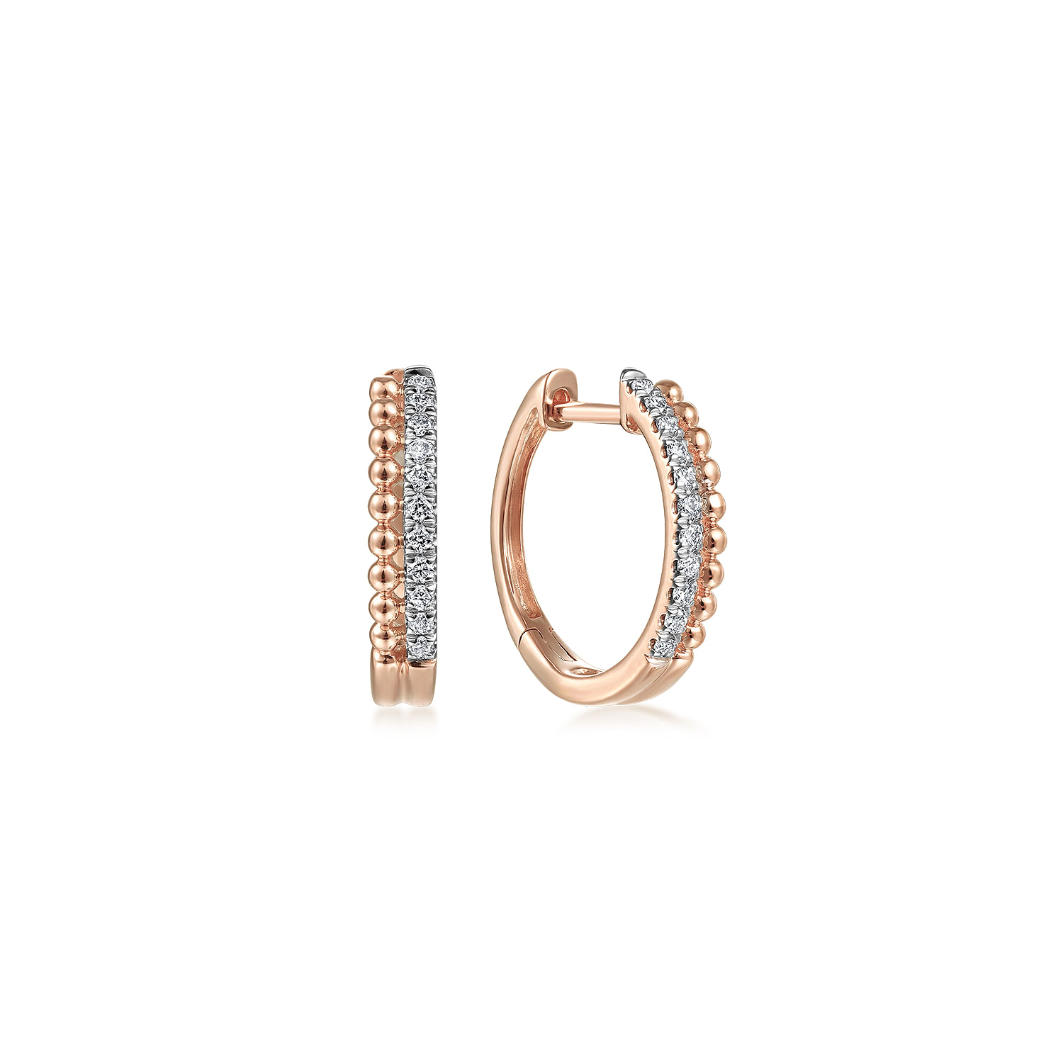 14K Rose Gold Beaded Pave 10mm Diamond Huggies