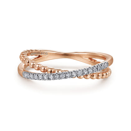 14K Rose Gold Beaded Pave Diamond Criss Cross Ring