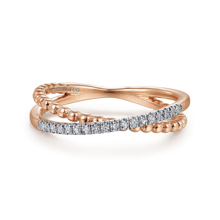 14K Rose Gold Beaded Pave Diamond Criss Cross Ring - 0.09 ct - Shot 1