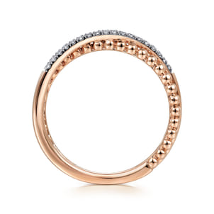 14K Rose Gold Beaded Pave Diamond Criss Cross Ring