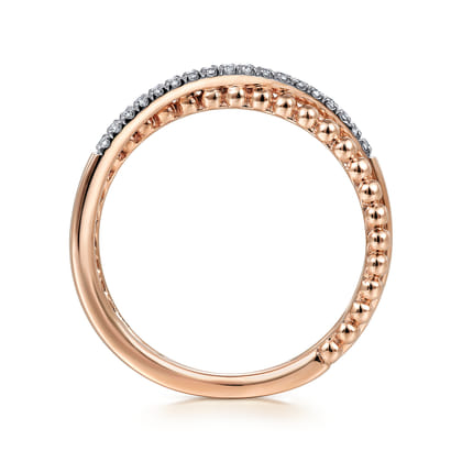 14K Rose Gold Beaded Pave Diamond Criss Cross Ring