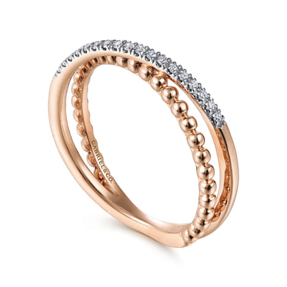14K Rose Gold Beaded Pave Diamond Criss Cross Ring