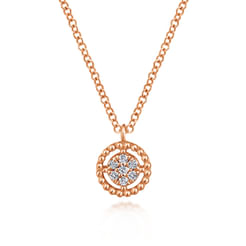 14K Rose Gold Beaded Round Floating Diamond Pendant Necklace