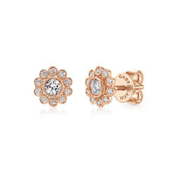 14K Rose Gold Bezel Set Round Diamond Flower Stud Earrings