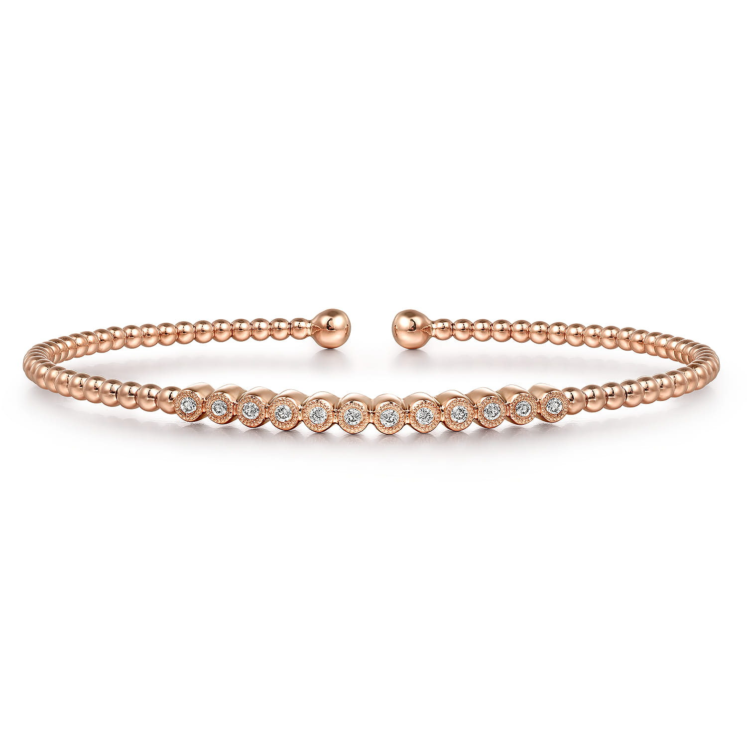 14K Rose Gold Bujukan Bead Cuff Bracelet with Bezel Set Diamond Stations - 0.15 ct - Shot 1