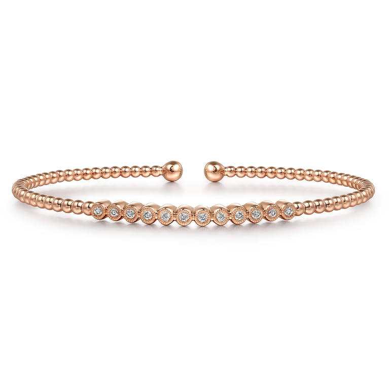 14K Rose Gold Bujukan Bead Cuff Bracelet with Bezel Set Diamond Stations - 0.15 ct - Shot 1