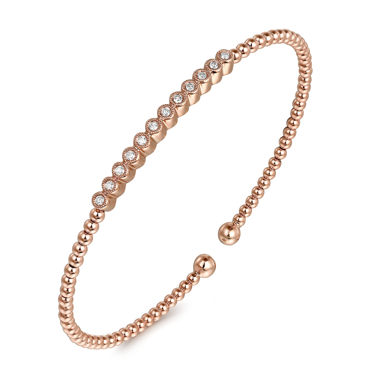 14K Rose Gold Bujukan Bead Cuff Bracelet with Bezel Set Diamond Stations - 0.15 ct - Shot 2