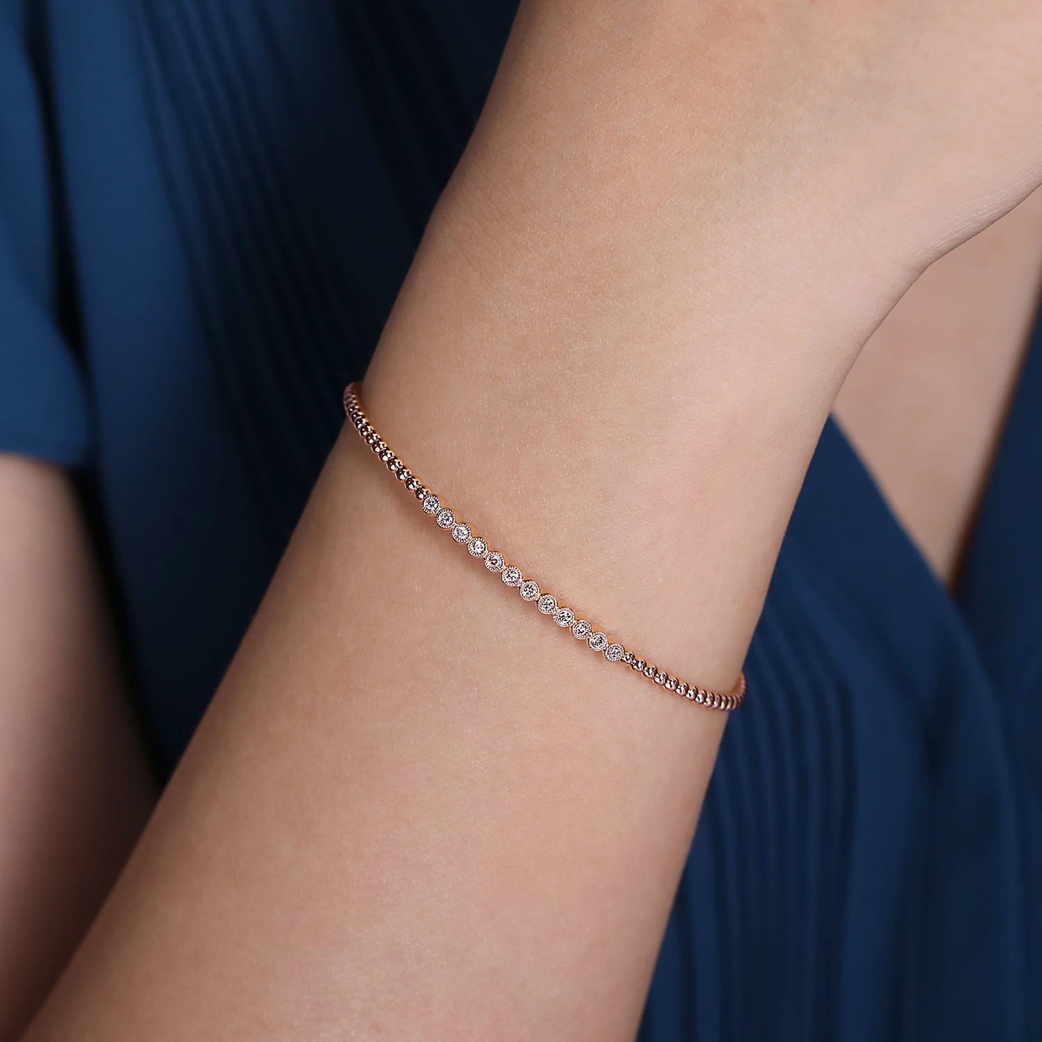 14K Rose Gold Bujukan Bead Cuff Bracelet with Bezel Set Diamond Stations - 0.15 ct - Shot 4