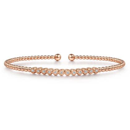 14K Rose Gold Bujukan Bead Cuff Bracelet with Bezel Set Diamond Stations