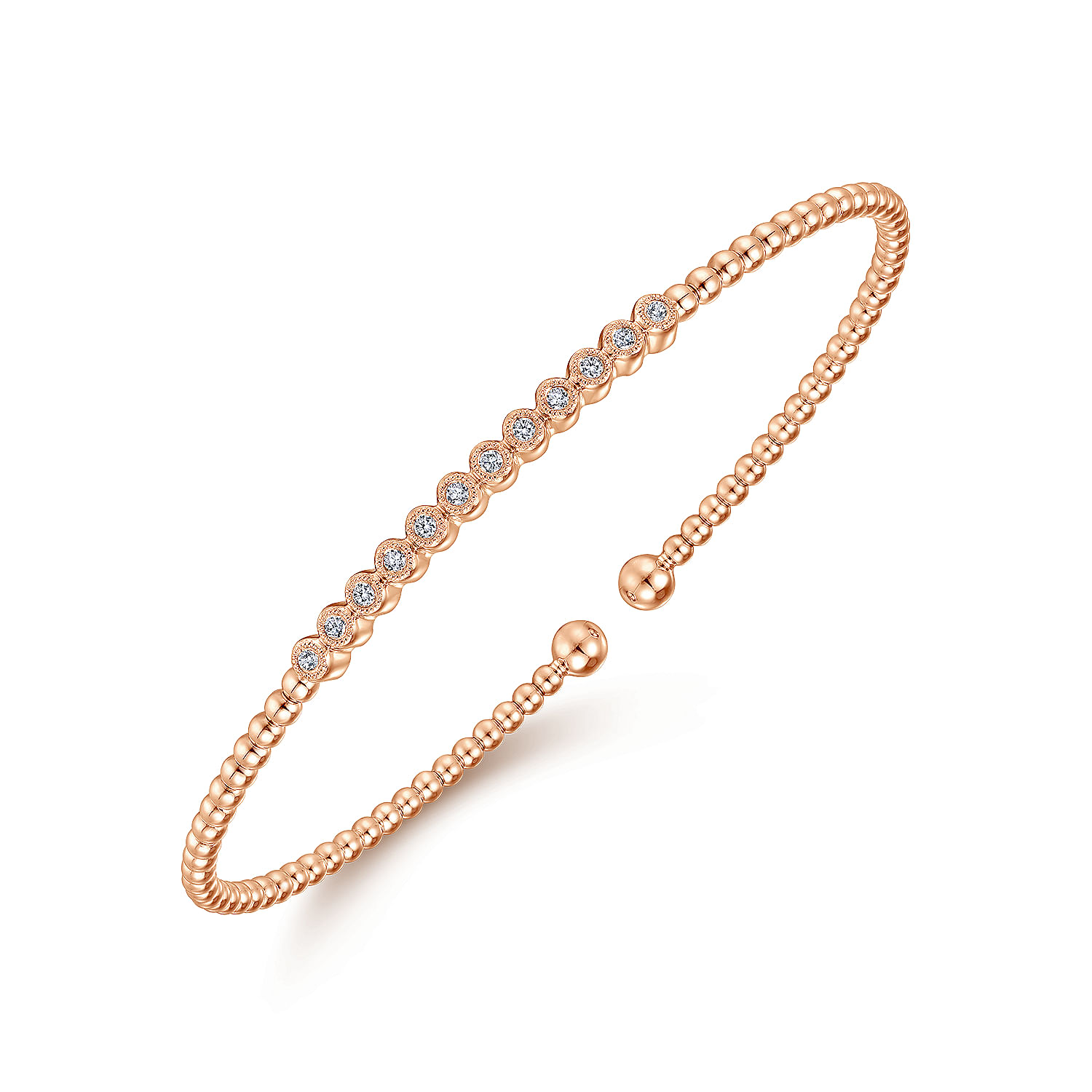 14K Rose Gold Bujukan Bead Cuff Bracelet with Bezel Set Diamond Stations - 0.15 ct - Shot 2