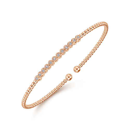 14K Rose Gold Bujukan Bead Cuff Bracelet with Bezel Set Diamond Stations - 0.15 ct - Shot 2