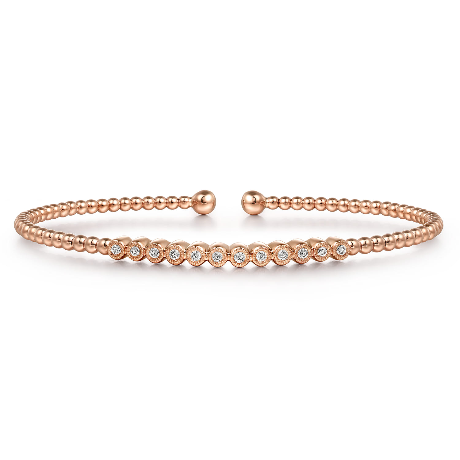 14K Rose Gold Bujukan Bead Cuff Bracelet with Bezel Set Diamond Stations - 0.15 ct - Shot 1