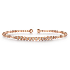 14K Rose Gold Bujukan Bead Cuff Bracelet with Bezel Set Diamond Stations