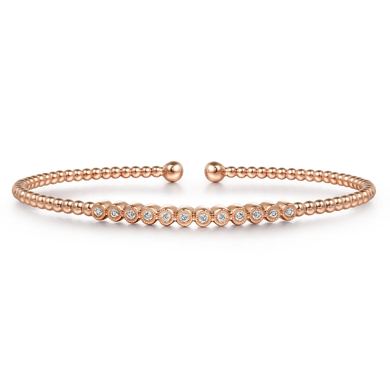 14K Rose Gold Bujukan Bead Cuff Bracelet with Bezel Set Diamond Stations - 0.15 ct - Shot 1