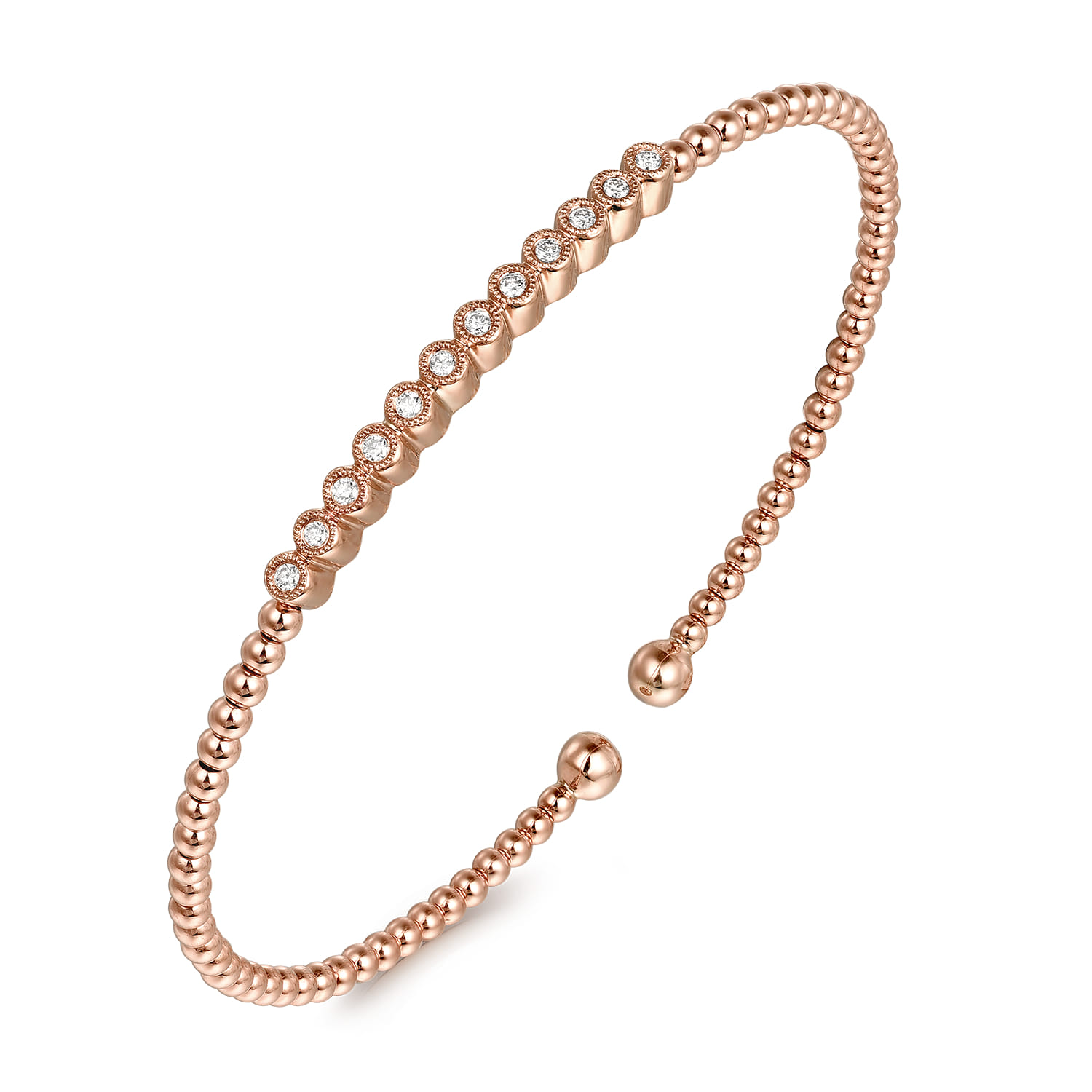 14K Rose Gold Bujukan Bead Cuff Bracelet with Bezel Set Diamond Stations - 0.15 ct - Shot 2