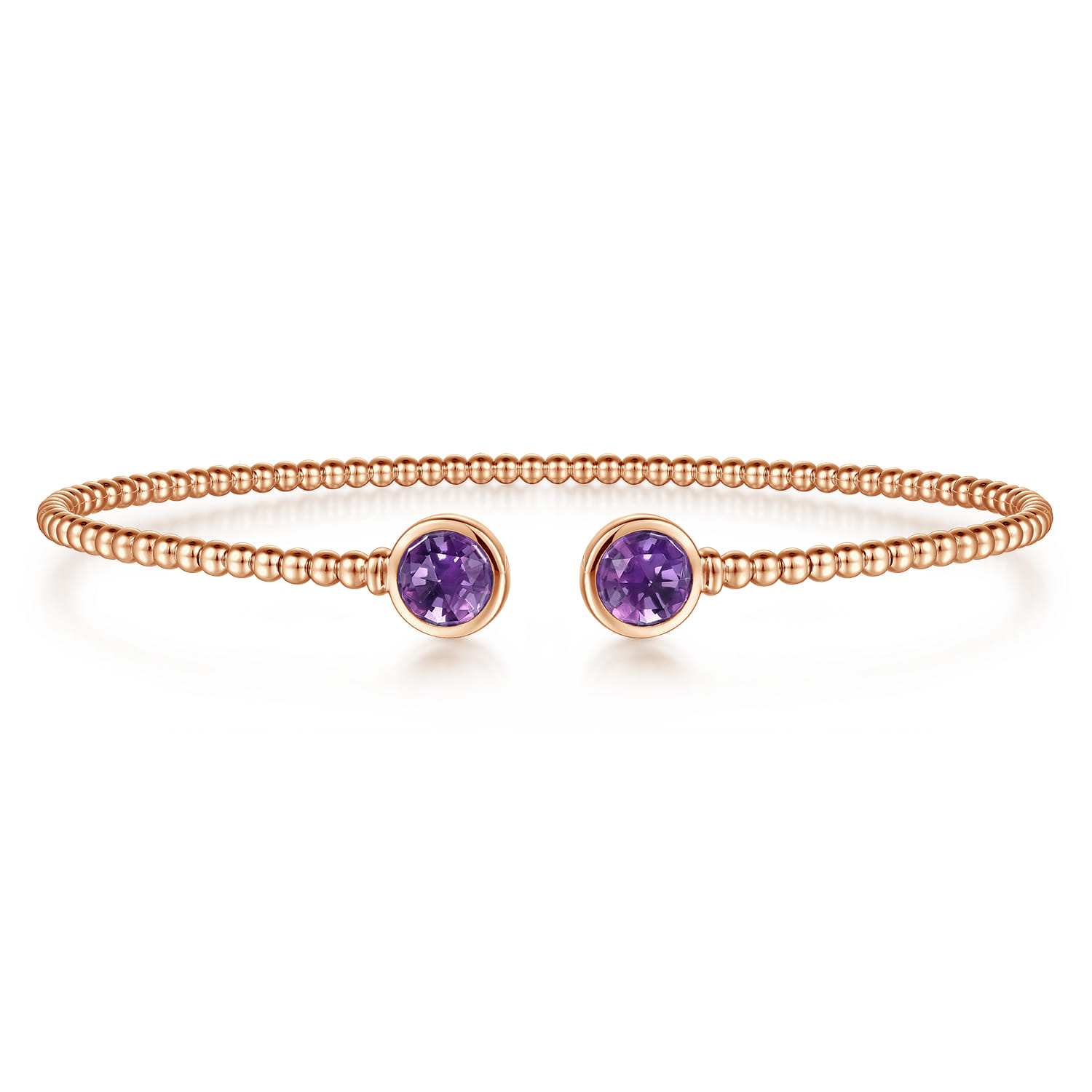 14K Rose Gold Bujukan Bead Cuff Bracelet with Bezel Set Round Amethyst - Shot 1