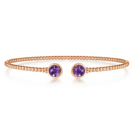 14K Rose Gold Bujukan Bead Cuff Bracelet with Bezel Set Round Amethyst