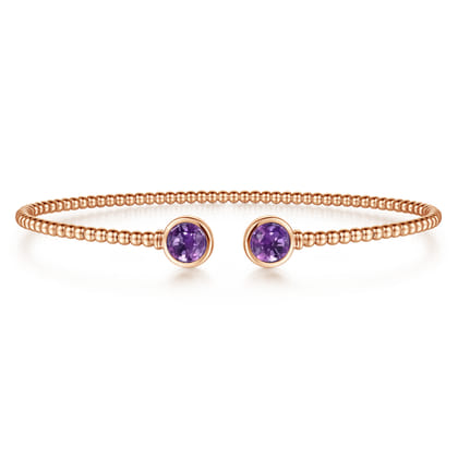 14K Rose Gold Bujukan Bead Cuff Bracelet with Bezel Set Round Amethyst