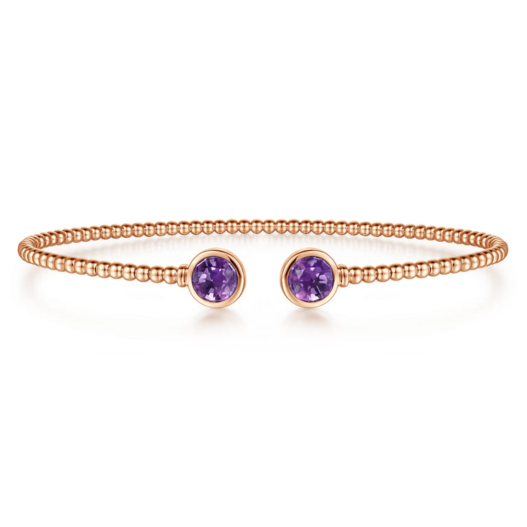 14K Rose Gold Bujukan Bead Cuff Bracelet with Bezel Set Round Amethyst - Shot 1