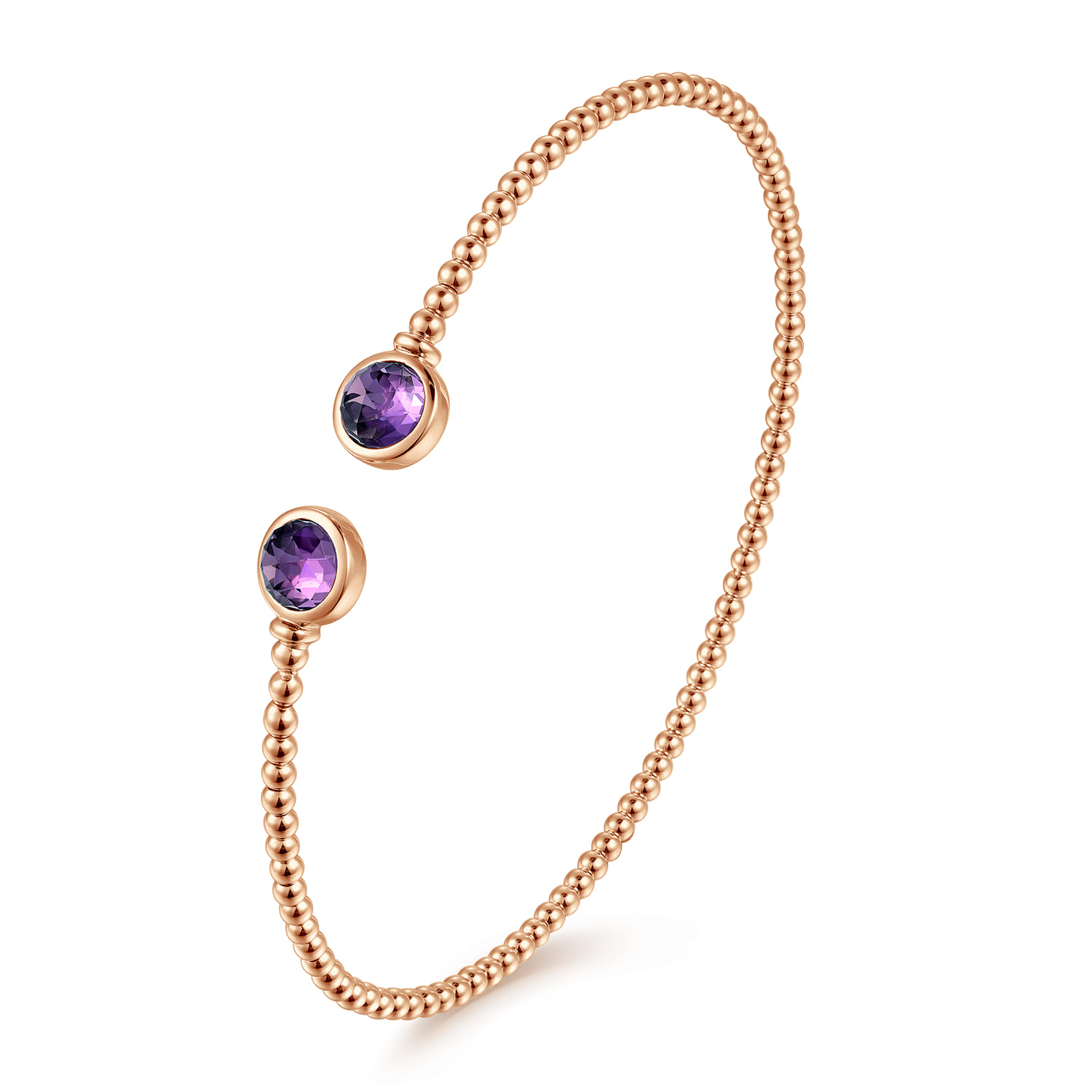 14K Rose Gold Bujukan Bead Cuff Bracelet with Bezel Set Round Amethyst - Shot 2