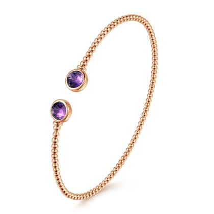14K Rose Gold Bujukan Bead Cuff Bracelet with Bezel Set Round Amethyst