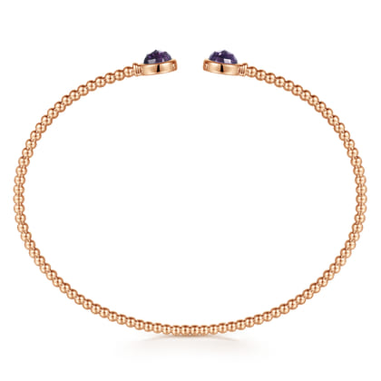 14K Rose Gold Bujukan Bead Cuff Bracelet with Bezel Set Round Amethyst