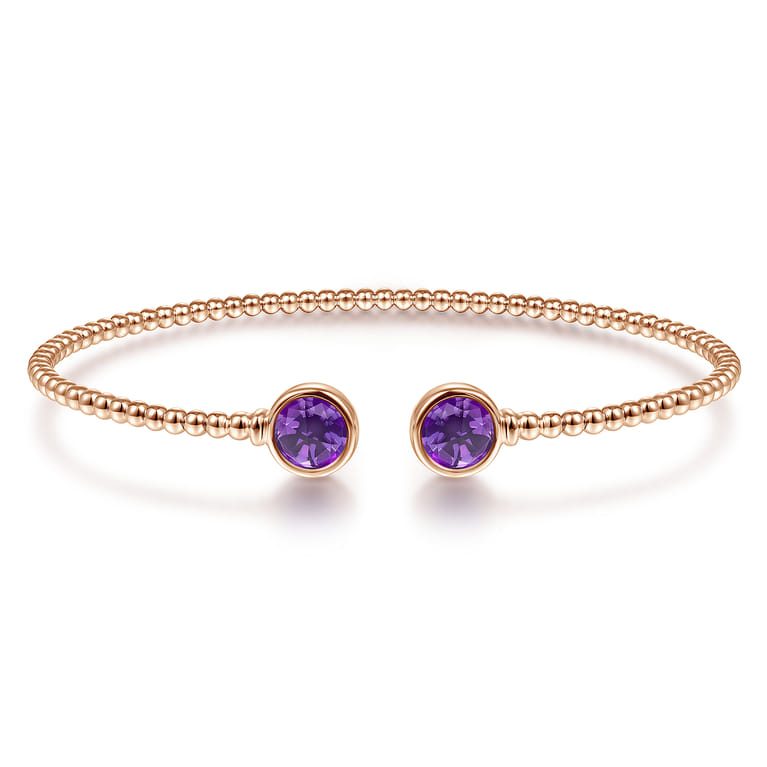 14K Rose Gold Bujukan Bead Cuff Bracelet with Bezel Set Round Amethyst - Shot 1