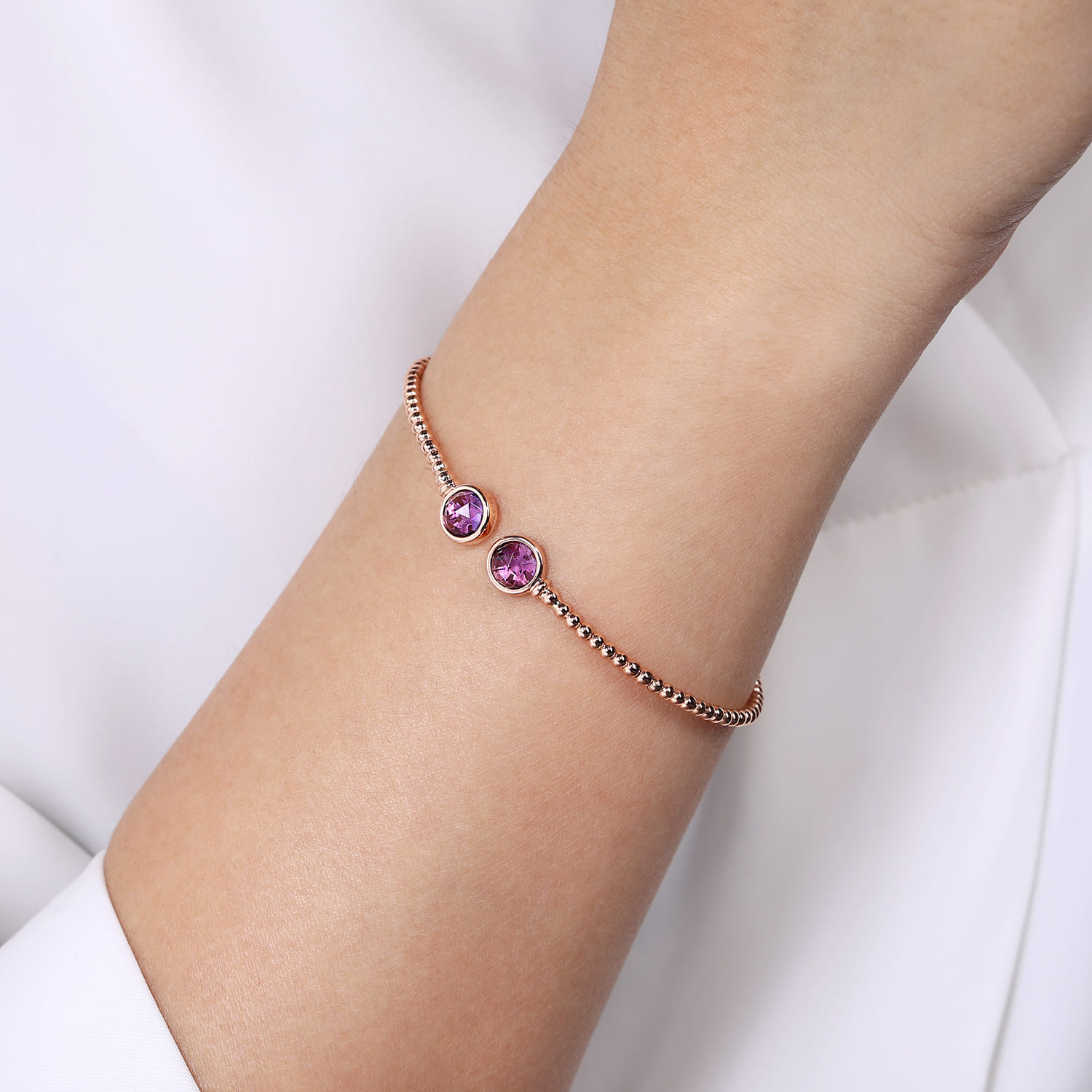 14K Rose Gold Bujukan Bead Cuff Bracelet with Bezel Set Round Amethyst - Shot 4