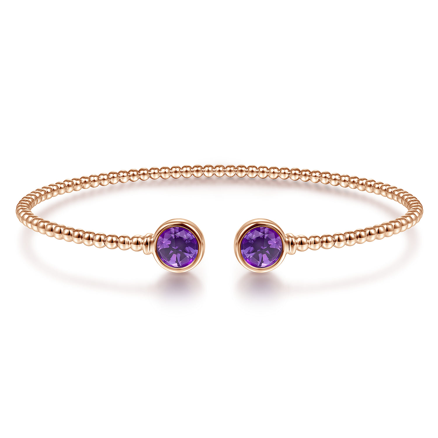 14K Rose Gold Bujukan Bead Cuff Bracelet with Bezel Set Round Amethyst - Shot 1