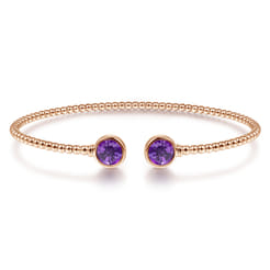14K Rose Gold Bujukan Bead Cuff Bracelet with Bezel Set Round Amethyst