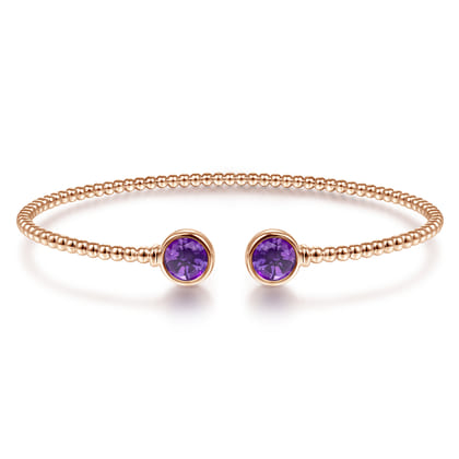 14K Rose Gold Bujukan Bead Cuff Bracelet with Bezel Set Round Amethyst