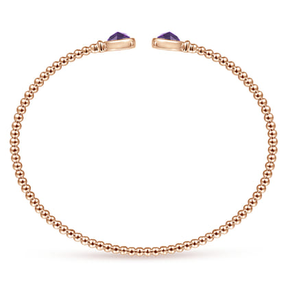 14K Rose Gold Bujukan Bead Cuff Bracelet with Bezel Set Round Amethyst