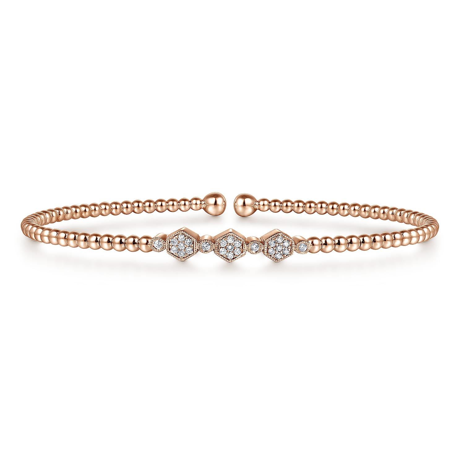 14K Rose Gold Bujukan Bead Cuff Bracelet with Cluster Diamond Hexagon Stations - 0.14 ct - Shot 1